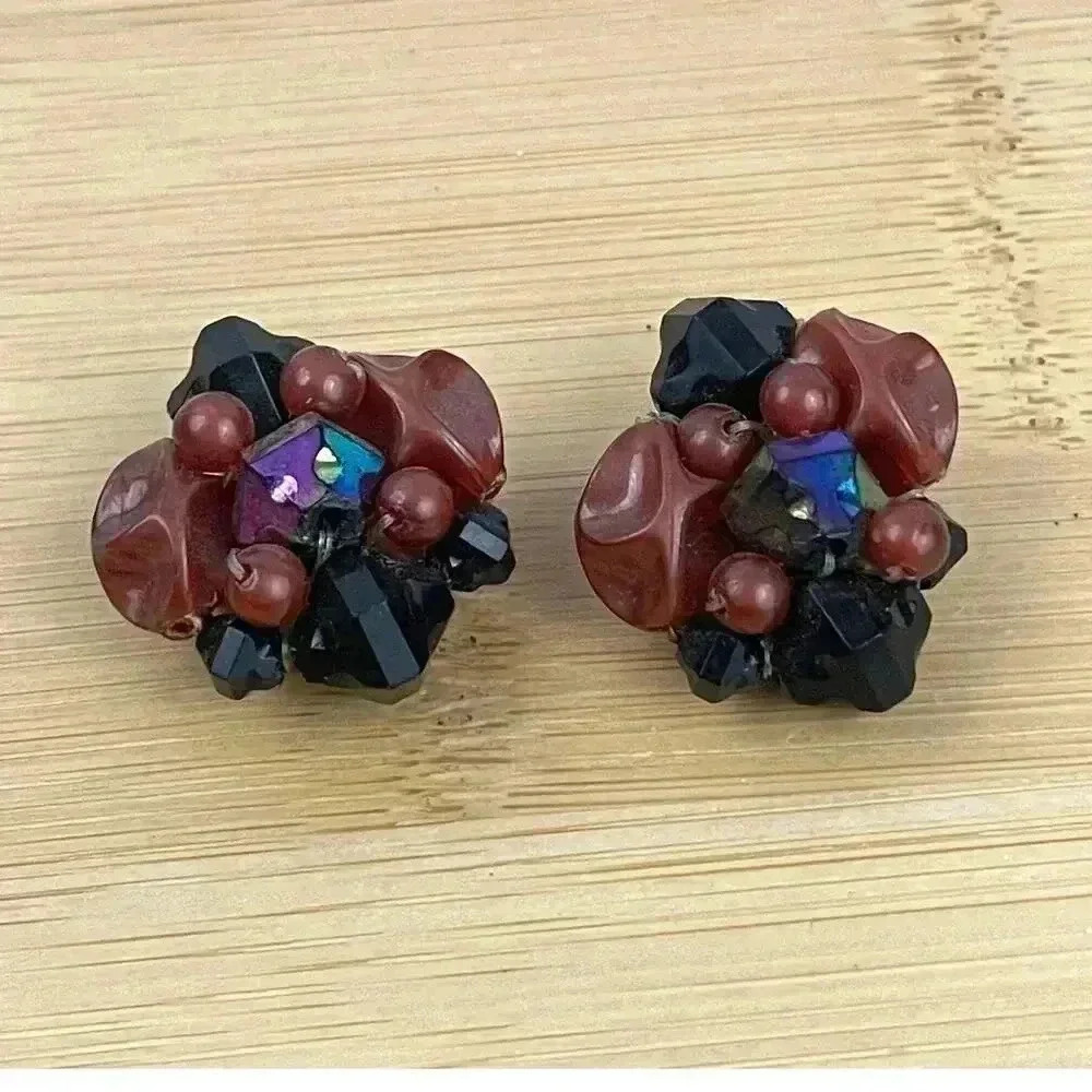 VTG Brown Black ‎ Beaded Cluster Clip On Earrings Brass Germany 1960s